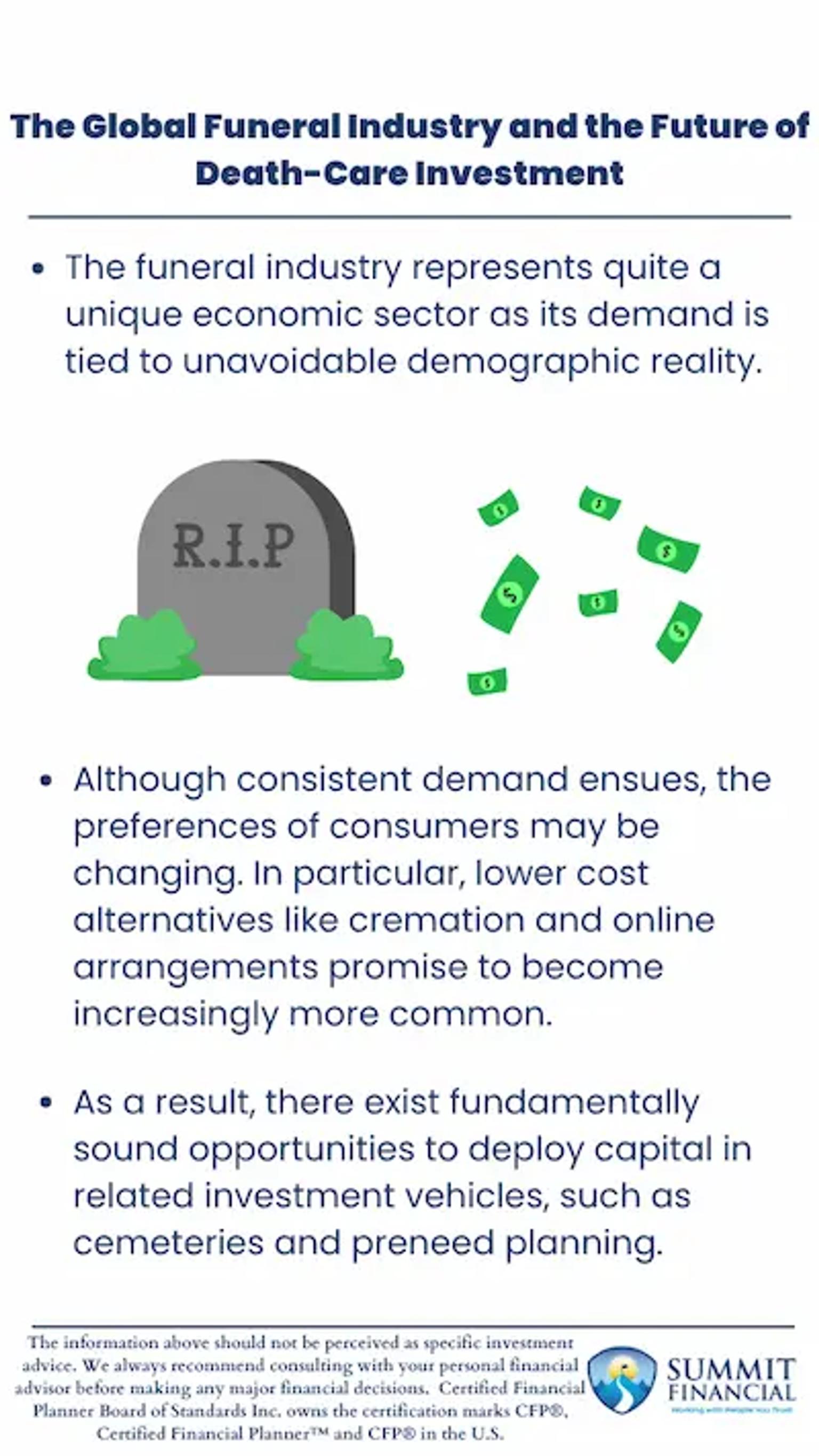Funeral industry investment infographic showing the industry's tie to demographic reality, cremation and online arrangement trends, and capital deployment opportunities in cemeteries and preneed planning