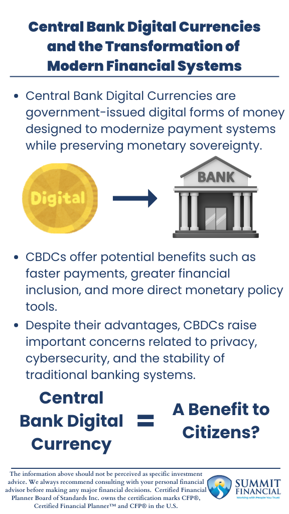 Central Bank Digital Currencies (CBDCs) infographic showing government-issued digital money benefits and risks including faster payments, financial inclusion, privacy concerns, and cybersecurity - Summit Financial Consulting