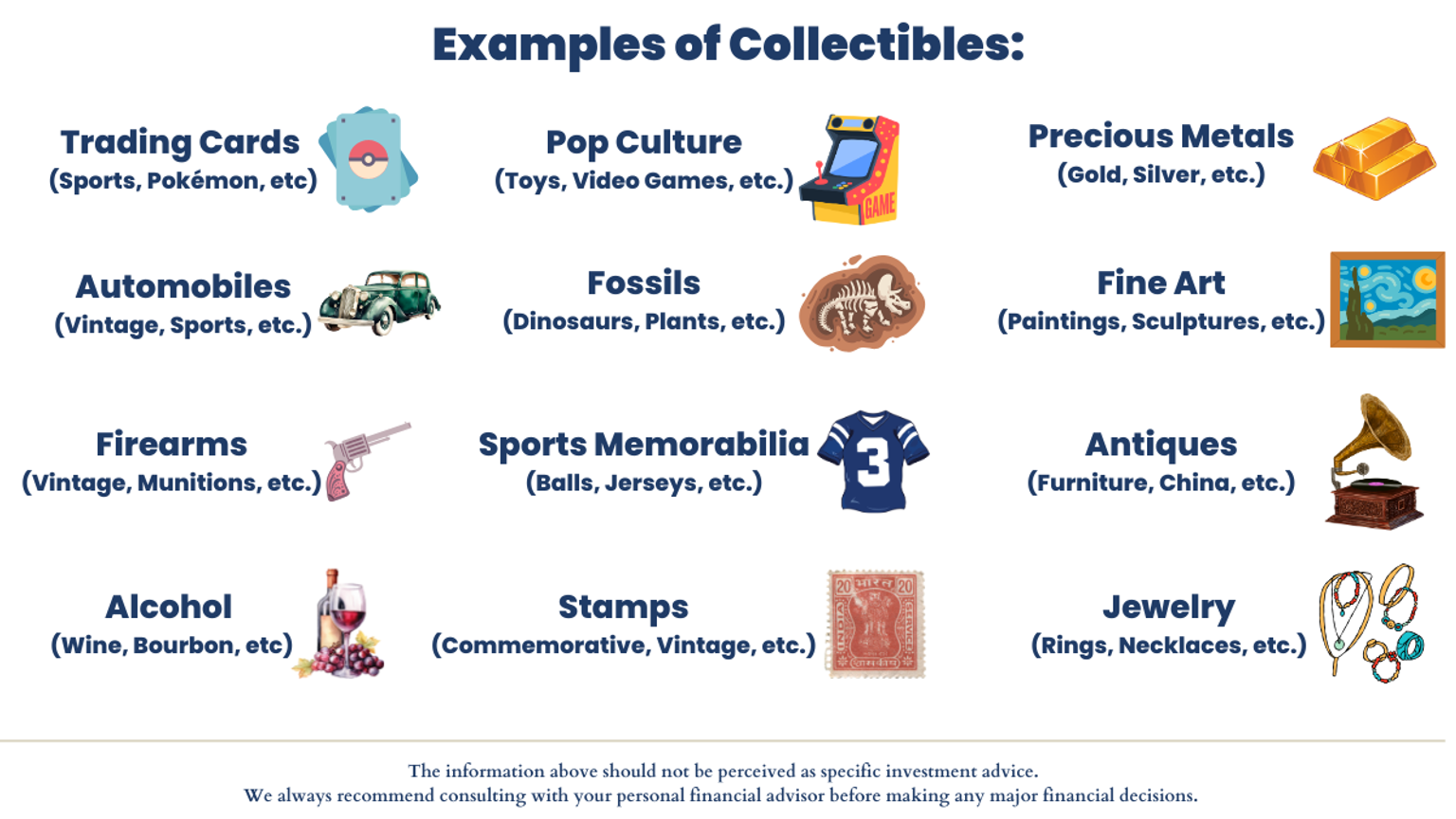 Personal Financial Planning 101: Collectibles vs Investments In recent years, we have been having more conversations with clients regarding collectibles and how those could work into their financial plans. Previously, we normally would come across a collection of stamps, firearms, or vintage automobiles. Most of the collections on our financial plans were rather modest and were never the main wealth generator for the client. They were simply a hobby that they had been partaking in for decades and have accumulated a decent amount over time.  What Are Collectibles and Why the Recent Surge in Interest? Since the COVID pandemic of 2020, we have seen an emergence of interest in collectibles whether it be silver or gold, fine art or furniture, toys or video games, or the popular trend of sports and Pokémon cards. We are not sure of the initial root cause of this, but our assumption is that people had more time on their hands to look into collectibles during the COVID lockdown. Plus, the government assistance that was provided possibly gave some extra discretionary cash that could be spent on these new interests. Some have likely started collecting simply as a hobby while others are chasing a big score, which could be driven by social media influencers who post about their collections. For example, Logan Paul recently sold a Pokémon card for $16 million, which tripled his cost basis in just a handful of years (www.cnbc.com).  Why Are People Drawn to Collectibles? There have been times when our clients/prospects actually have more of their net worth allocated to various collectibles rather than more traditional investments and the frequency of collections seems to be increasing, especially among our younger clientele. I believe this increase in interest is partially driven by social media influencers who have convinced others to join the trend.  However, the increase in collectibles could also be due to the ability to hold and physically obtain the collectibles. Some of my conversations with clients and prospects have confirmed that they prefer to allocate their resources to collectibles because it is something tangible rather than an investment portfolio that simply shows a dollar value on the screen. This physical nature could increase the emotional connection to the collection and it is very easy to understand, while the stock market and traditional investments require a higher level of financial literacy.  Collectors, even if not at first, tend to become very knowledgeable about their collection and this can cause them to become comfortable with owning more and more of that type of asset. These are a couple of possible examples of why clients may have a strong passion to accumulate a collection and this passion could be the main reason why people start and continue collecting (www.ubs.com).  How Do Collectibles Compare to Traditional Investments? While collectibles may seem more exciting due to the emotional connection, we believe only discretionary resources should be spent on collections since the long-term growth can be difficult to accurately forecast. If a client has a strong financial plan, we are comfortable with them allocating resources to their collection as a hobby. Our main concern is when the hobby turns into a get-rich-quick plan and they hope to find the next big sale. At this point, collecting could be viewed as gambling. We believe opening a pack of cards in the hopes of pulling something ultra rare is similar to scratching a lottery ticket and hoping for a jackpot. Just like any other form of gambling, we strongly believe that more traditional investments, such as stocks or bonds, are better for a long-term financial plan.  Collectibles are normally categorized as "alternative" investments and could be useful as a hedge against inflation (www.investopedia.com)). However, it is rare that someone can actually generate a large amount of wealth from their collection and it takes a large amount of risk in order to do so. We believe on average, most collections lag most stock market indices since really the only select ultra rare items may generate a large return. This is why we stress that collecting can be a fun hobby for clients once they have established a strong financial foundation and have excess resources to allocate to the hobby.  Should Collectibles Be Part of Your Financial Plan? The key principle is this: collectibles should only be part of your financial plan if they are paid for with discretionary resources—money you can afford to lose without affecting your long-term financial goals. If you have a strong foundation of traditional investments (stocks, bonds, retirement accounts), then collecting can be an enjoyable hobby.  However, if you're considering collectibles as a wealth-building strategy or investment vehicle, we caution against it. The returns are unpredictable, the risk is high, and most collectors do not outperform traditional investment indices. Treating collectibles like lottery tickets (hoping for the ultra-rare find) is essentially gambling, not investing.  The healthiest approach is to establish your financial plan first with traditional investments, then use only excess discretionary income for collecting as a hobby you enjoy.  Key Takeaways Collectibles interest has surged since COVID due to increased leisure time, government stimulus, social media influence, and the tangible nature of physical assets—but this doesn't make them reliable investments. Collectibles appeal emotionally because they're physical, understandable, and create stronger personal connections than abstract investment portfolios—but emotional appeal doesn't equal investment performance. Collectibles are "alternative" investments that rarely outperform traditional stock market indices; only ultra-rare items generate significant returns, making most collections underperform over time. Treating collectibles as a get-rich-quick strategy is essentially gambling—similar to lottery tickets or scratch-offs; only established financial plans with excess discretionary income should fund collecting as a hobby. Strong financial foundation first (stocks, bonds, retirement accounts), then collectibles as hobby; never the reverse. Collectibles should never replace traditional wealth-building investments. Questions About Your Financial Plan or Investment Strategy? If you have any questions about retirement, your individual investment portfolio, our 401(k)-recommendation service, or anything else in general, please give our office a call at (586) 226-2100. Please feel free to forward this commentary to a friend, family member, or co-worker. If you have had any changes to your income, job, family, health insurance, risk tolerance, or your overall financial situation, please give us a call so we can discuss it.  We hope you learned something today. If you have any feedback or suggestions, we would love to hear them.  Best Regards,  Zachary A. Bachner, CFP® with contributions by Robert L. Wink, Kenneth R. Wink, James D. Wink, and James C. Baldwin.  References: Investopedia - Contemplating Collectibles as Investments Bankrate - Investing in Collectibles: How to Get Started UBS - For Love, Not Money: The Psychology of Collecting CNBC - Pokémon Cards and High-Value Collectibles Market Disclaimer: This material is provided for informational and educational purposes only and should not be construed as investment, tax, or legal advice. Investing involves risk, including possible loss of principal. Past performance does not guarantee future results. Individuals should consult with a qualified financial professional before making financial decisions.