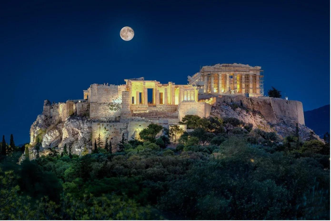 Acropolis and Parthenon by Moonlight, Athens, Greece