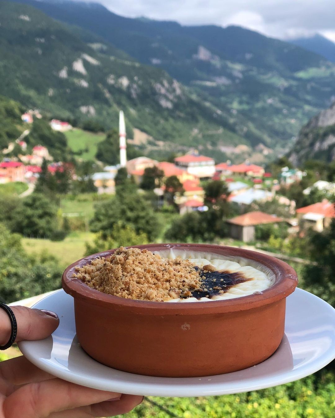 A hand holds a dessert bowl with nuts, overlooking a mountainous Turkish village.