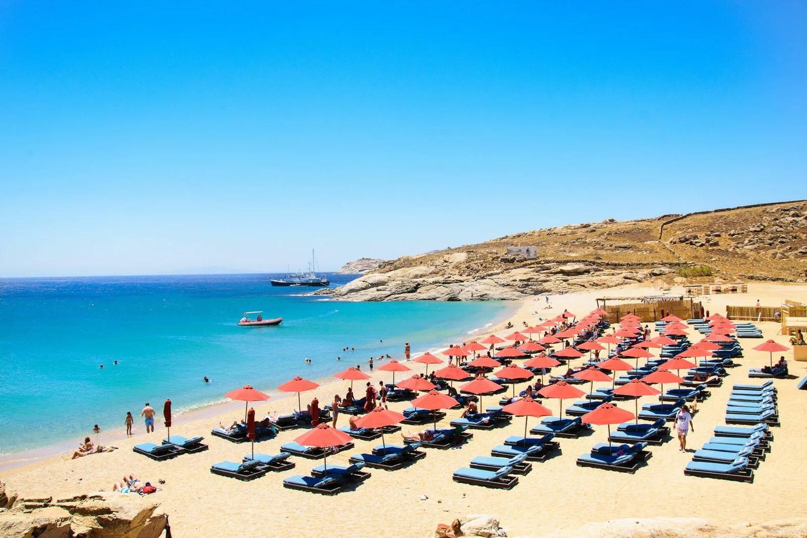 Beach Red Umbrellas, Mykonos, Greece