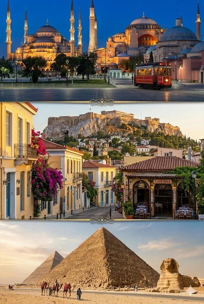Greece Tour Landmarks Collage, Egypt, Turkey