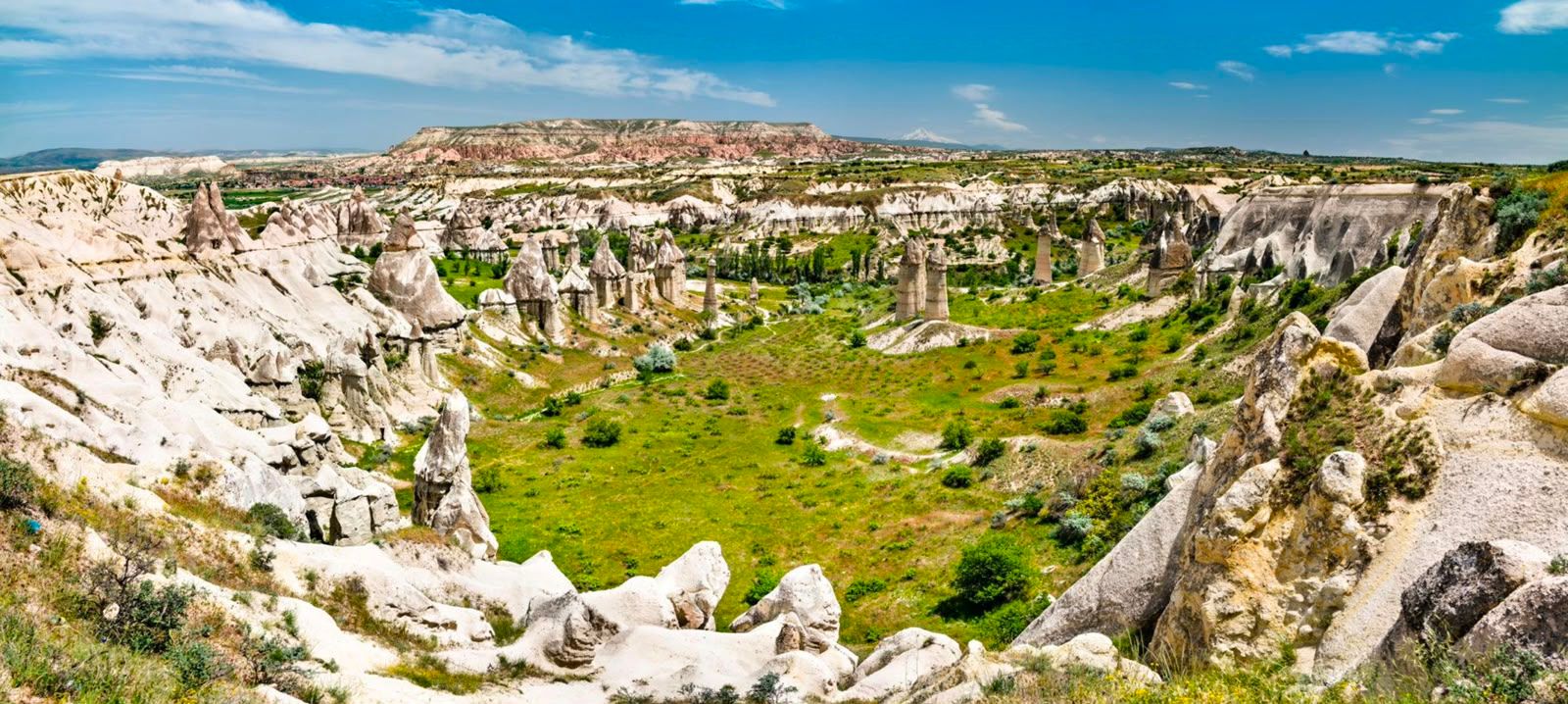 A green valley with tall volcanic rock formations under a bright blue sky.