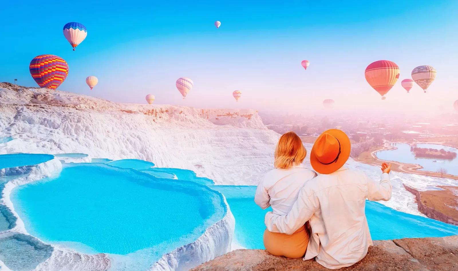 Thermal Pools Couple Balloons, Pamukkale, Turkey