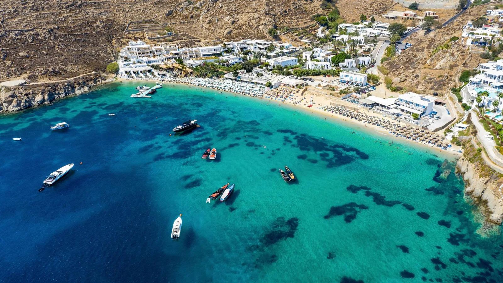 Psarou Beach Aerial View, Mykonos, Greece