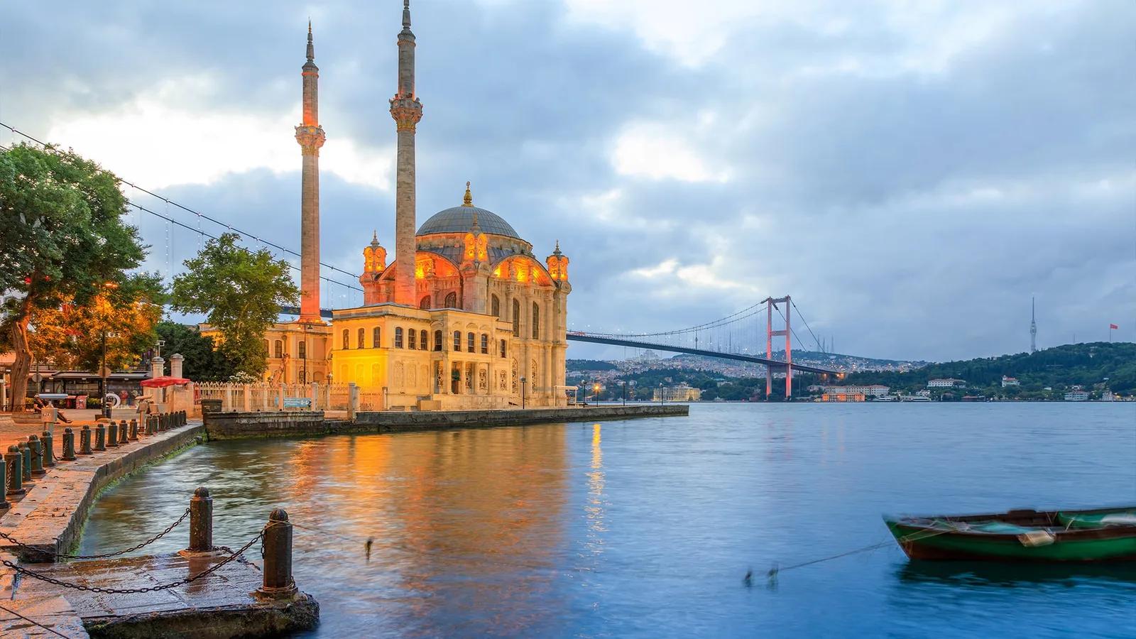 Ortaköy Mosque and Bosphorus Bridge at dusk, Istanbul, Turkey