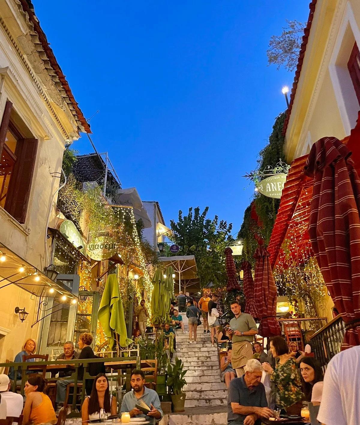 Lively Anafiotika Street Scene at Night, Athens, Greece