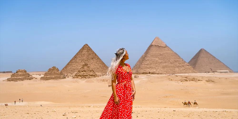 Giza Pyramids Woman In Red Dress, Cairo, Egypt