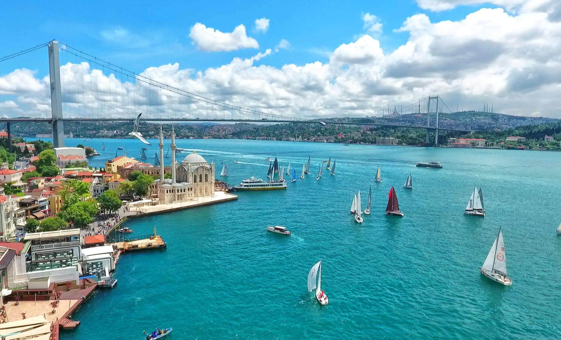 Aerial view of Istanbul's Bosphorus Strait with Ortaköy Mosque, bridges, and numerous sailboats.