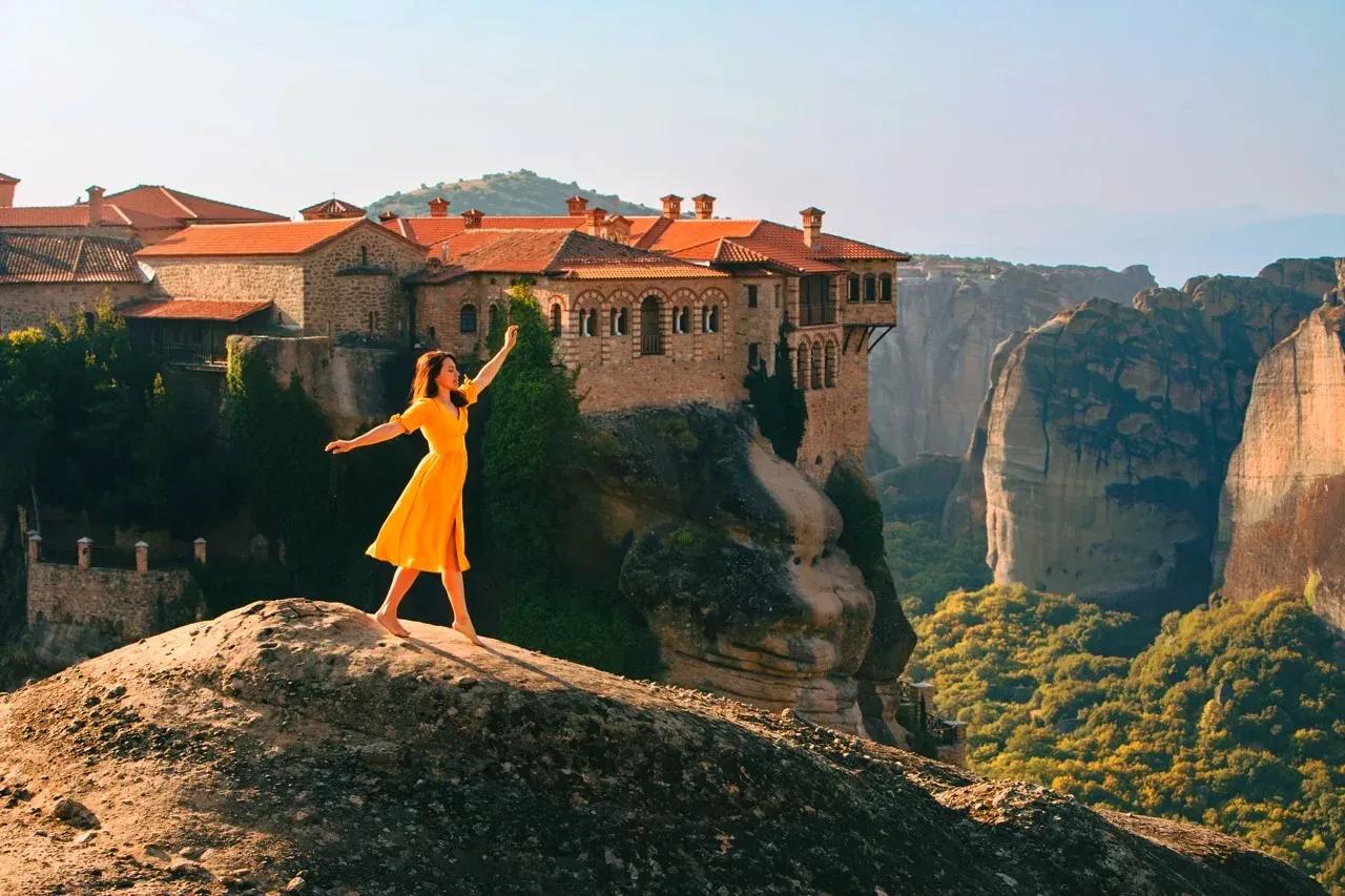 Monastery Woman Yellow Dress, Meteora, Greece