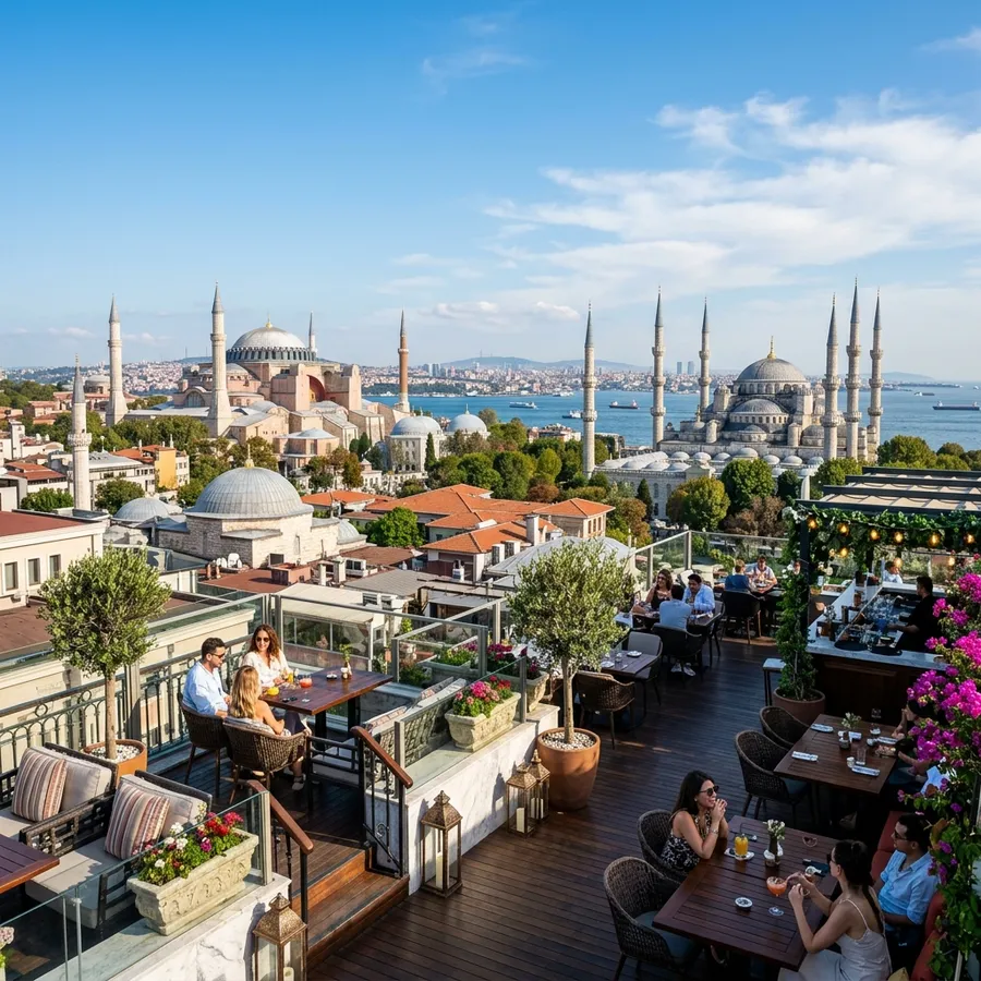A rooftop view over the Hagia Sophia and Blue Mosque in Istanbul's historic center