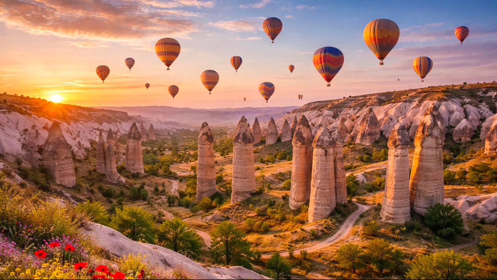 Numerous hot air balloons float over rock formations in a valley at sunrise.