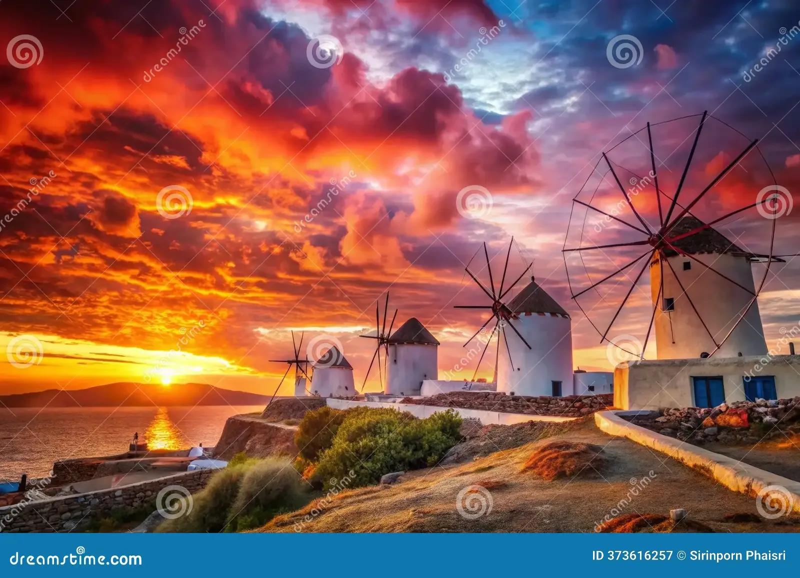 Kato Mili Windmills Sunset, Mykonos, Greece