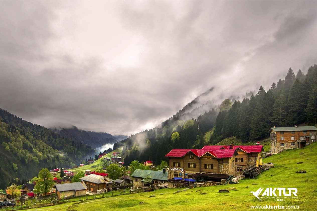 A mountain village with traditional houses nestled in a lush green valley under a cloudy sky.