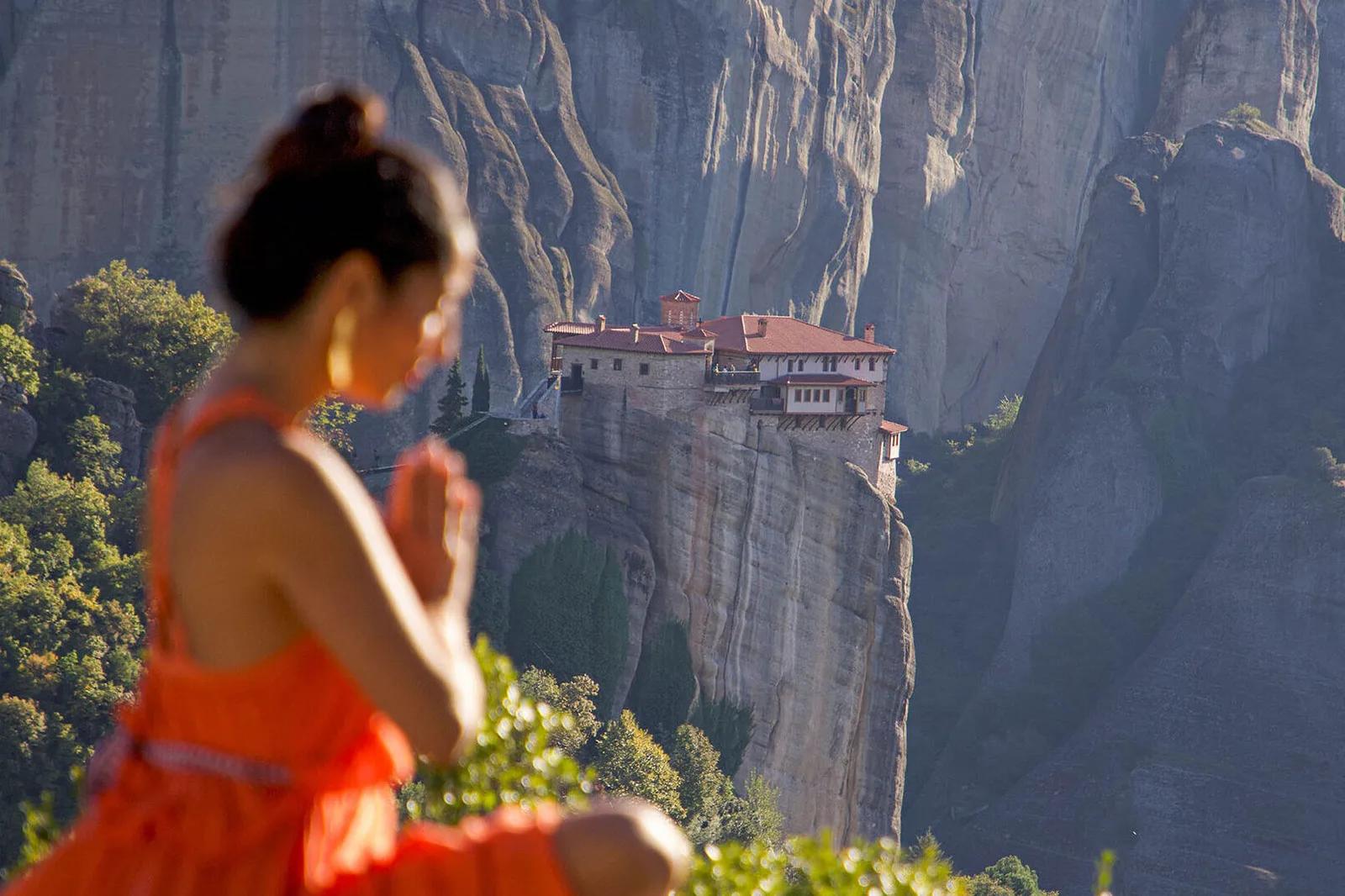 Rousanou Monastery Woman Meditating, Meteora, Greece