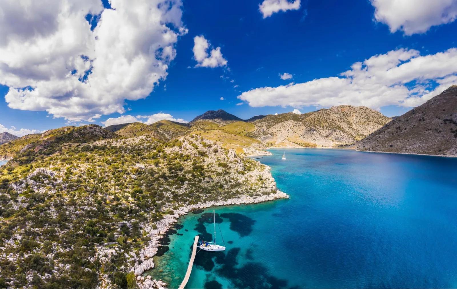 Secluded bay with sailboat, Datça, Turkey
