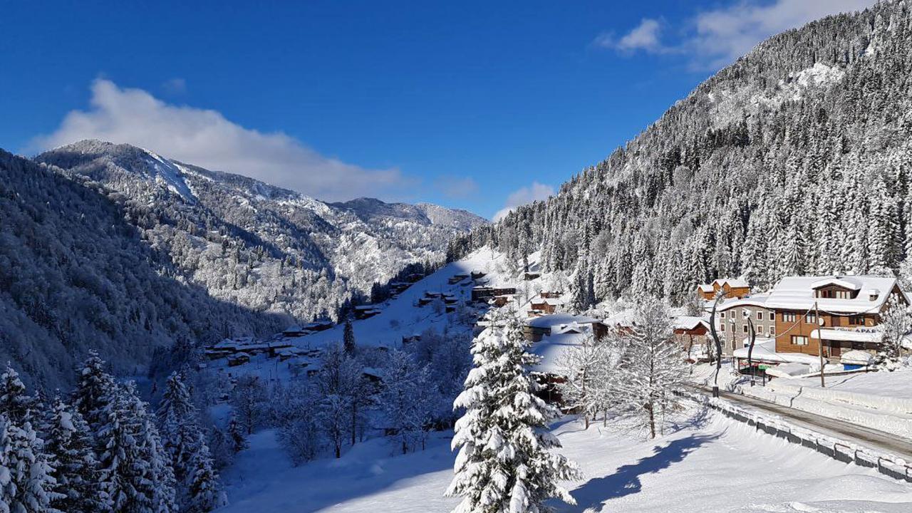 Snow-covered village and pine forests in a mountain valley under a bright blue sky.