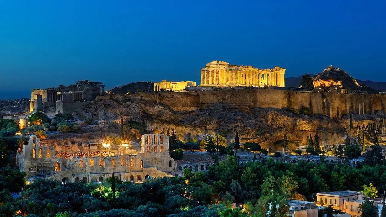 Acropolis Parthenon Odeon Night, Athens, Greece