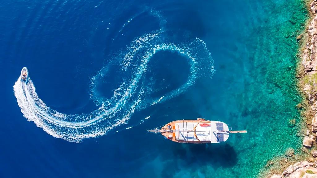 Gokova Gulf Aerial Boat Wake, Bodrum, Turkey