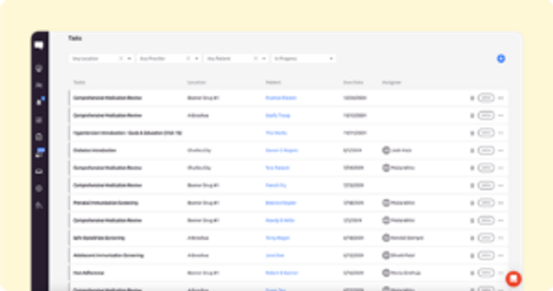 Screenshot of a task management interface showing a list of tasks with details like title, location, patient name, due date, and assignee. The background is yellow, and the interface has filters for location, provider, patient, and progress status.
