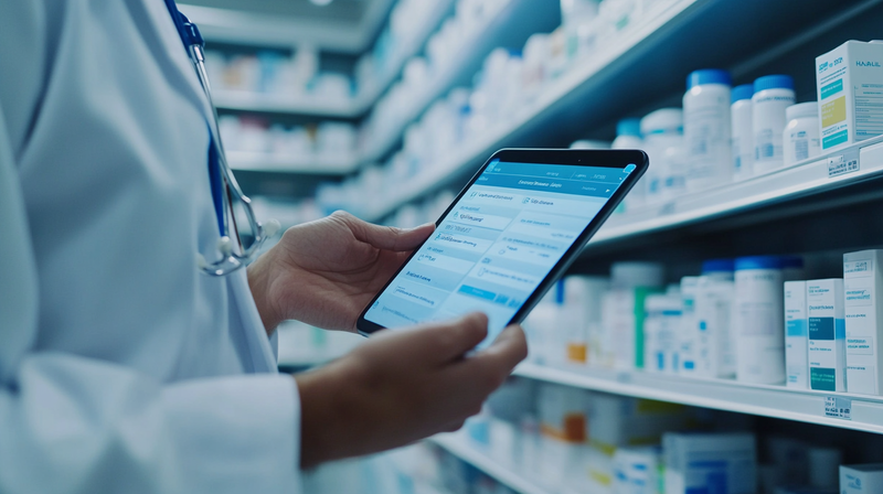 A healthcare professional in a white coat holds a tablet displaying medical information. Shelves in the background are stocked with bottles and boxes of medications, suggesting a pharmacy setting.