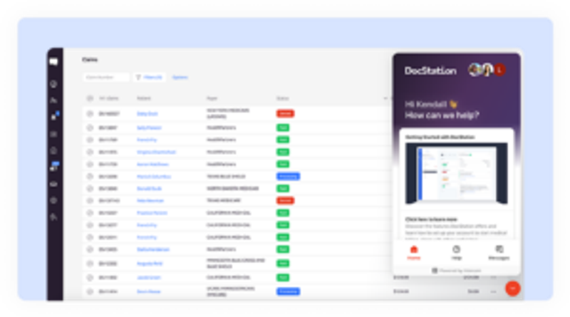 A computer screen displaying a claims management interface with a list of claims showing names, insurance sources, dates, and statuses. A sidebar on the right features a chat box with a greeting and options for help and messaging.