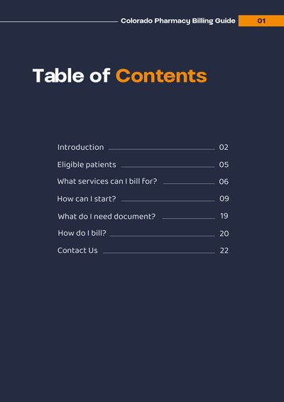 Table of Contents page from the Colorado Pharmacy Billing Guide