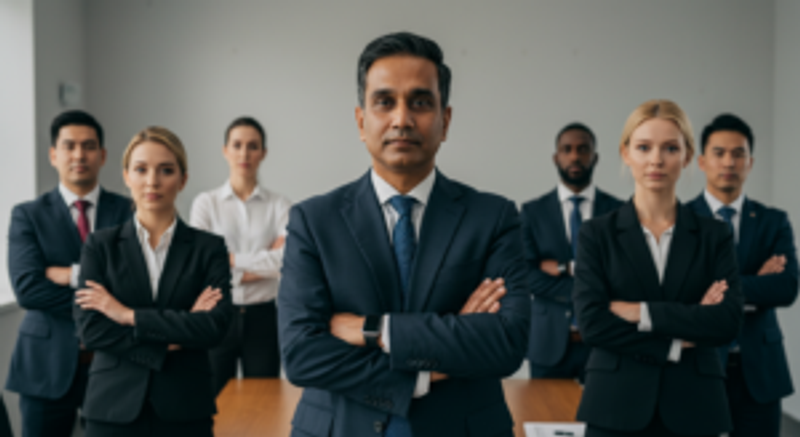 A confident, diverse group of seven business professionals in formal attire, standing with crossed arms. They are positioned in two rows, with a focus on the individual at the front. The setting is a modern office space.