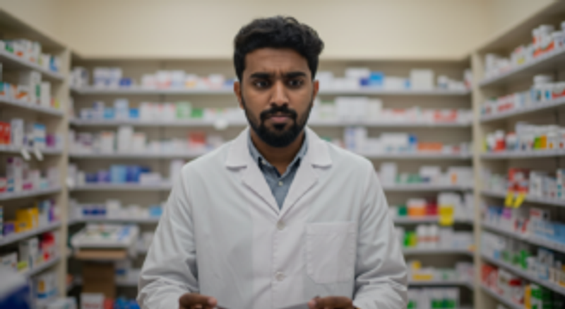 A pharmacist wearing a white lab coat stands in front of shelves filled with various medication boxes and bottles in a pharmacy. He has a thoughtful expression and holds a paper in his hands.