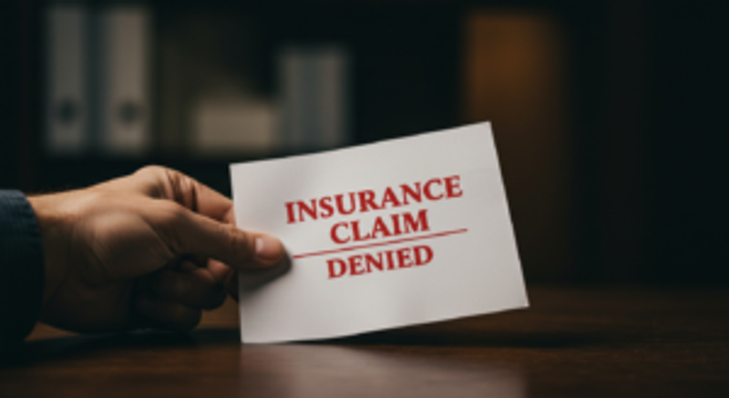 A hand holds a paper with the bold text "INSURANCE CLAIM DENIED" underlined in red. The background is out of focus, featuring dark tones and blurred items that suggest an office setting.