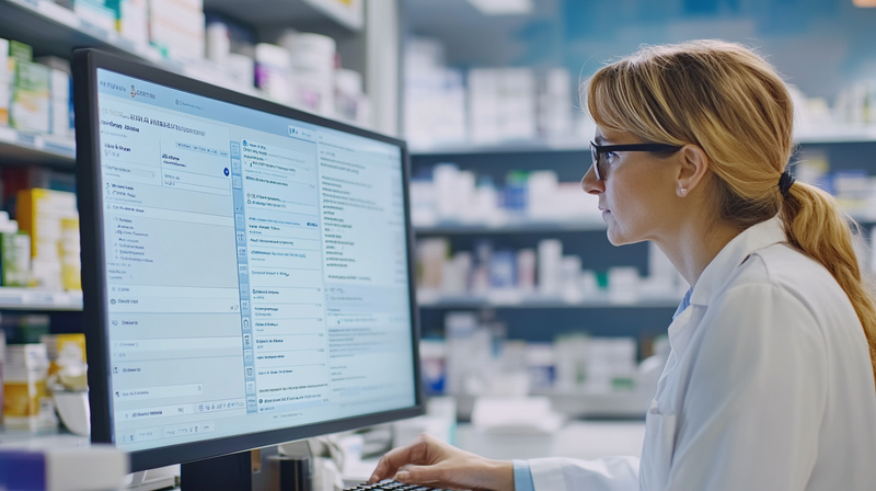 A pharmacist wearing a white coat and glasses is typing on a keyboard while looking at a large computer screen. The background shows shelves filled with various medications and pharmacy supplies.