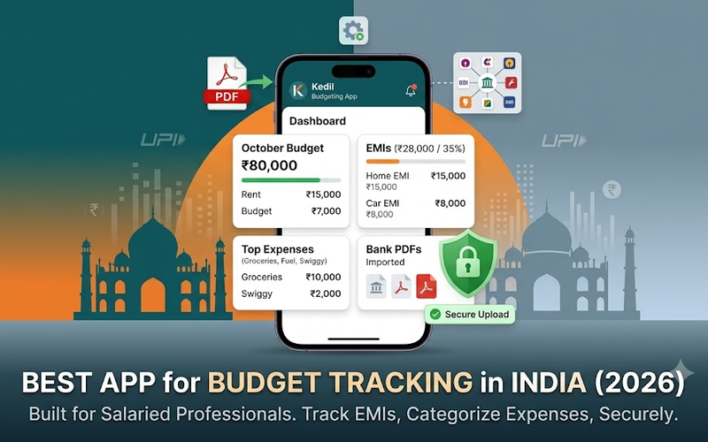 A modern, trustworthy blog cover image illustrating a digital dashboard for the Kedil personal finance app, centered on a large smartphone screen showing simulated Indian household budget categories, EMI trackers with realistic Rupee figures, and a 'Bank PDF Statement Import' icon. The background features simplified Indian architectural silhouettes and stylized data patterns, with bold text overlay stating 'BEST APP FOR BUDGET TRACKING IN INDIA (2026)' and a summary description. Small icons for secure upload, automatic categorization, and EMI consolidated view are also integrated.