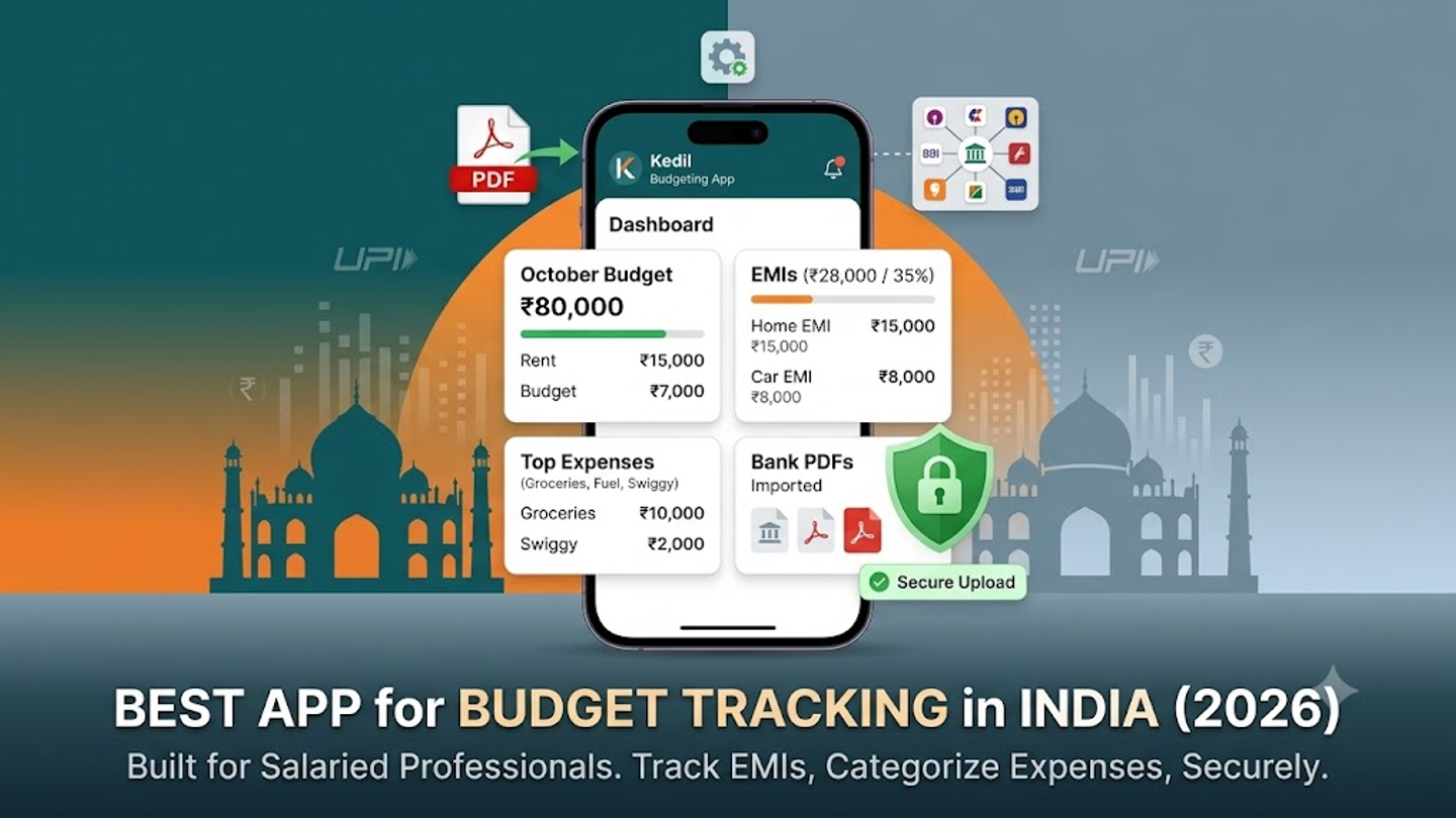 A modern, trustworthy blog cover image illustrating a digital dashboard for the Kedil personal finance app, centered on a large smartphone screen showing simulated Indian household budget categories, EMI trackers with realistic Rupee figures, and a 'Bank PDF Statement Import' icon. The background features simplified Indian architectural silhouettes and stylized data patterns, with bold text overlay stating 'BEST APP FOR BUDGET TRACKING IN INDIA (2026)' and a summary description. Small icons for secure upload, automatic categorization, and EMI consolidated view are also integrated.