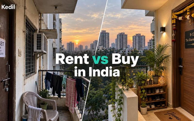 Rent vs buy in India comparison showing a modest rented apartment and a well-kept owned home in an Indian metro city