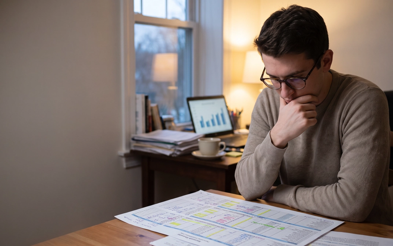 A worried young man at his desk studying a highlighted bank statement, with a spending chart open on his laptop
