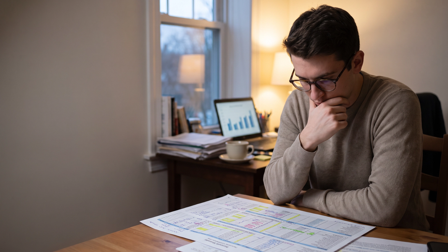 A worried young man at his desk studying a highlighted bank statement, with a spending chart open on his laptop