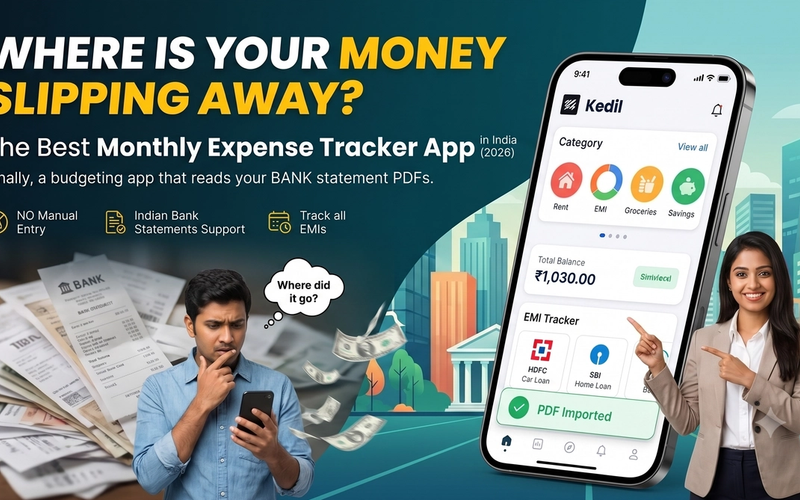 An infographic showing a person frustrated by chaotic expenses transitioning into a happy, organized state using the Kedil expense tracker app dashboard in India.