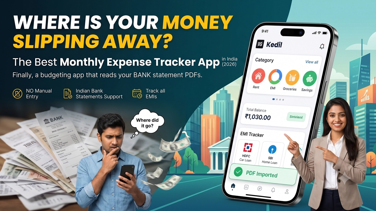 An infographic showing a person frustrated by chaotic expenses transitioning into a happy, organized state using the Kedil expense tracker app dashboard in India.