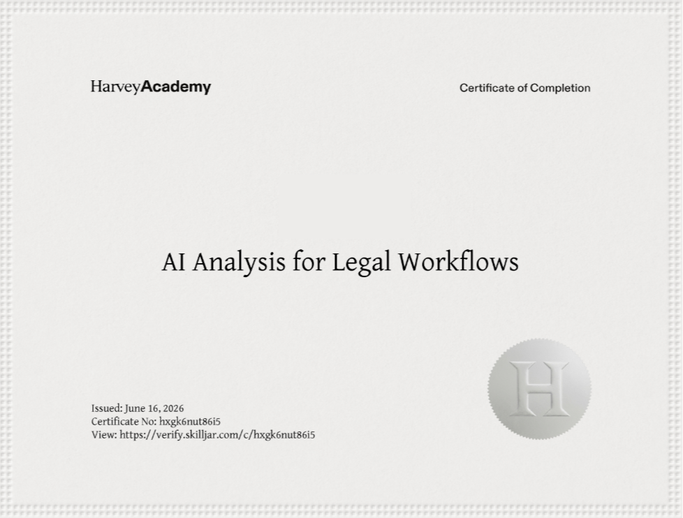 image of a certificate for completing the AI Analysis for Legal Workflows course