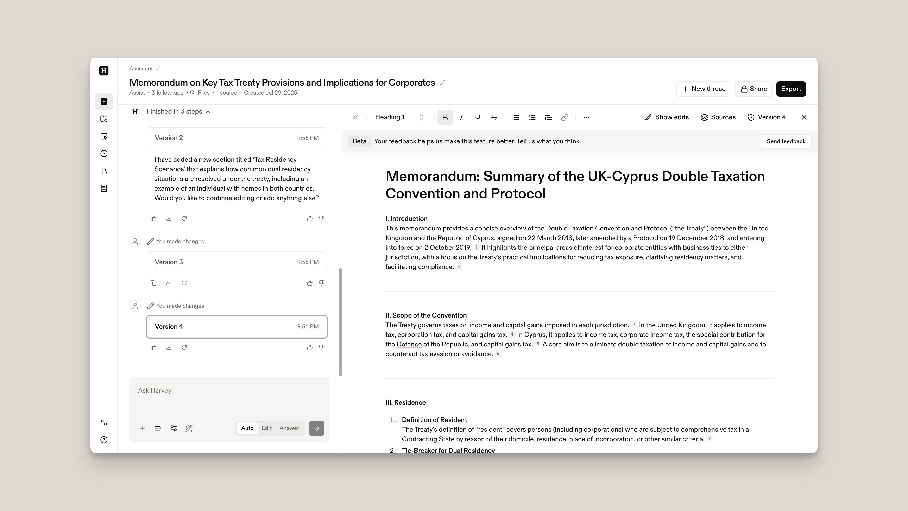 Harvey AI 문서 편집기 인터페이스 — 법률 메모를 AI가 작성하고 변호사가 검토하는 화면