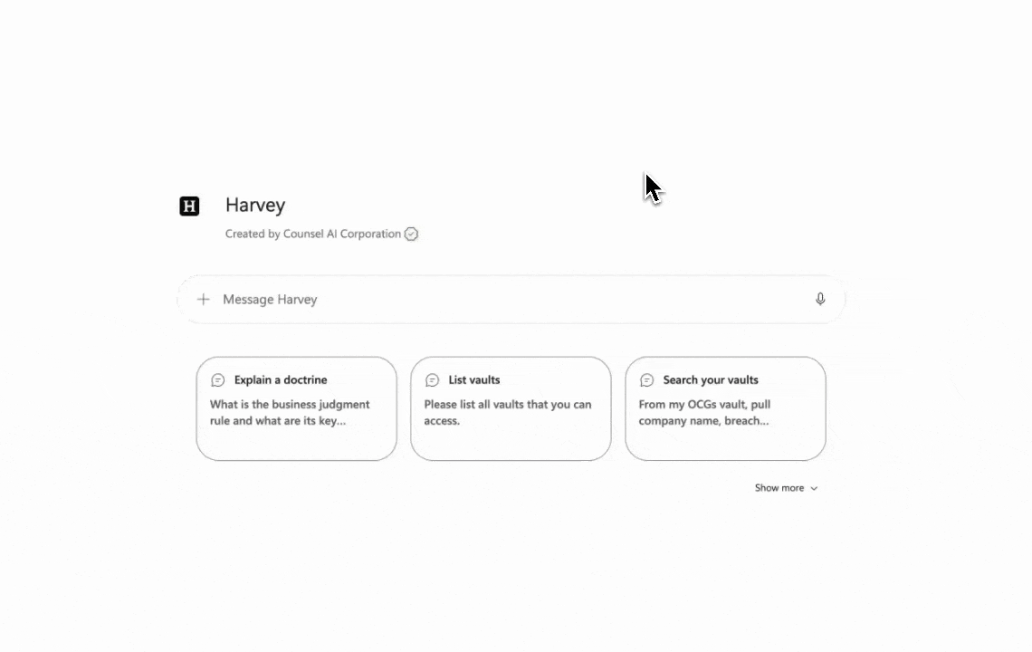 A GIF demonstrating the Harvey agent within Copilot.