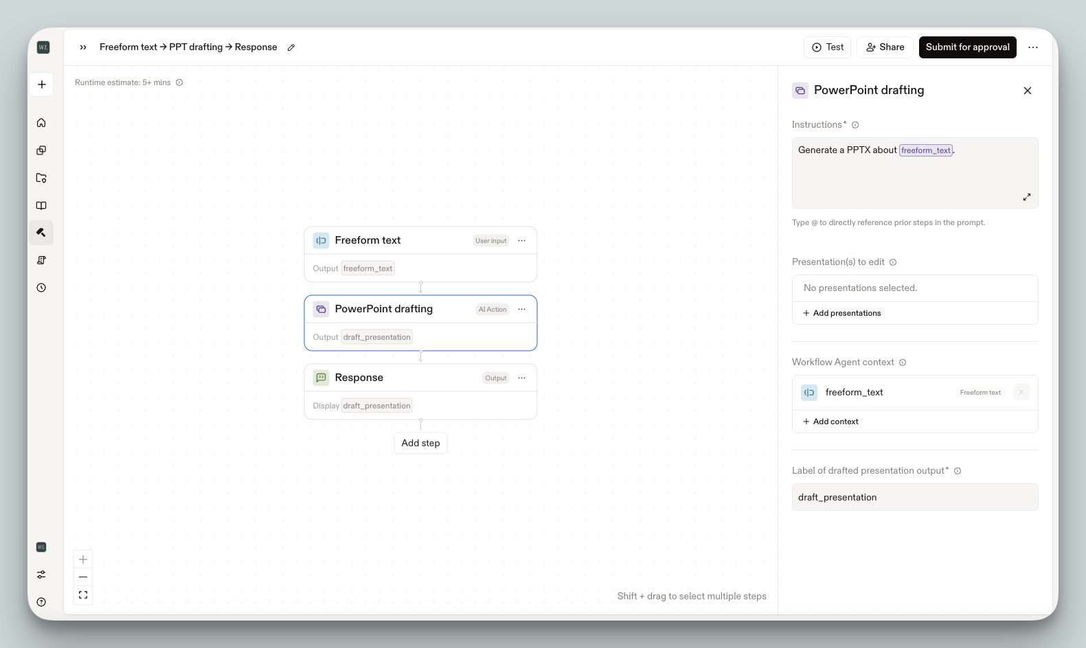 Image of the workflow builder interface showing a three-step PowerPoint drafting agent—"Freeform text" input, "PowerPoint drafting" AI action, and "Response" output—with a configuration panel on the right displaying instructions to generate a PPTX, presentation editing options, and output settings.