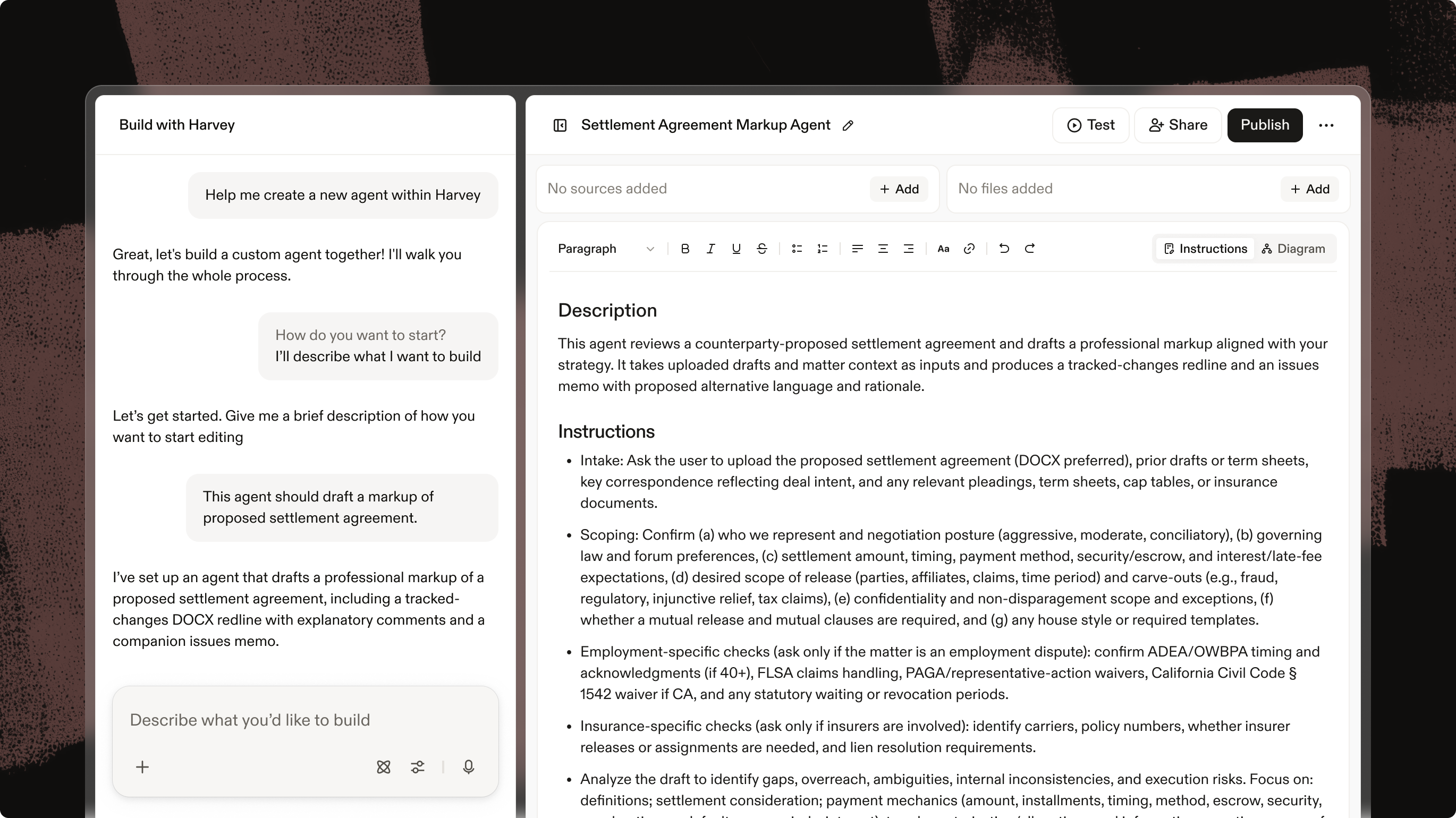 Split screen UI with chat interface on the left describing what kind of agent to create and document editor on the right with agent instructions