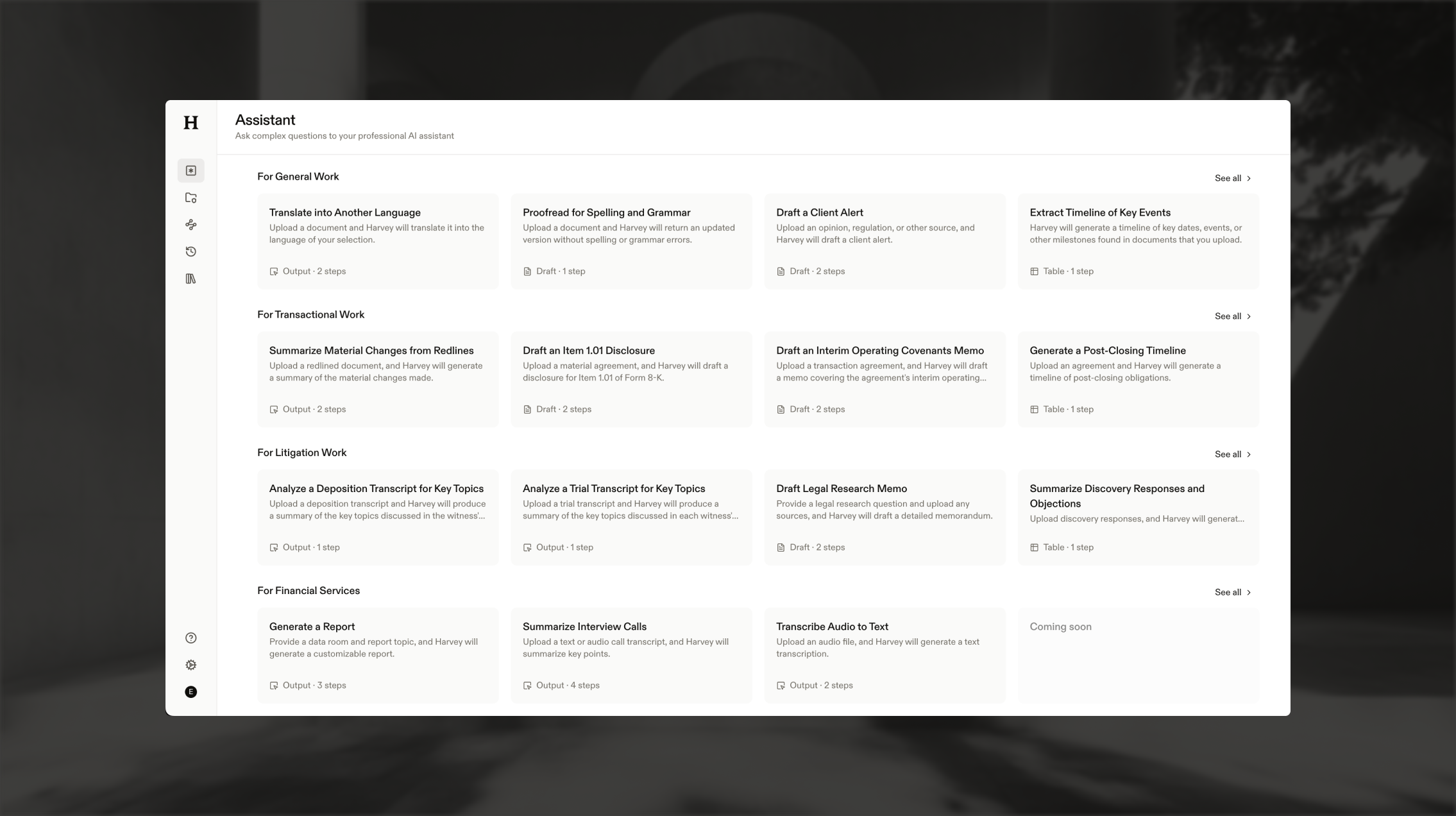 Harvey AI Assistant의 워크플로우 카드 — 업무 유형별로 AI가 수행할 수 있는 작업 목록