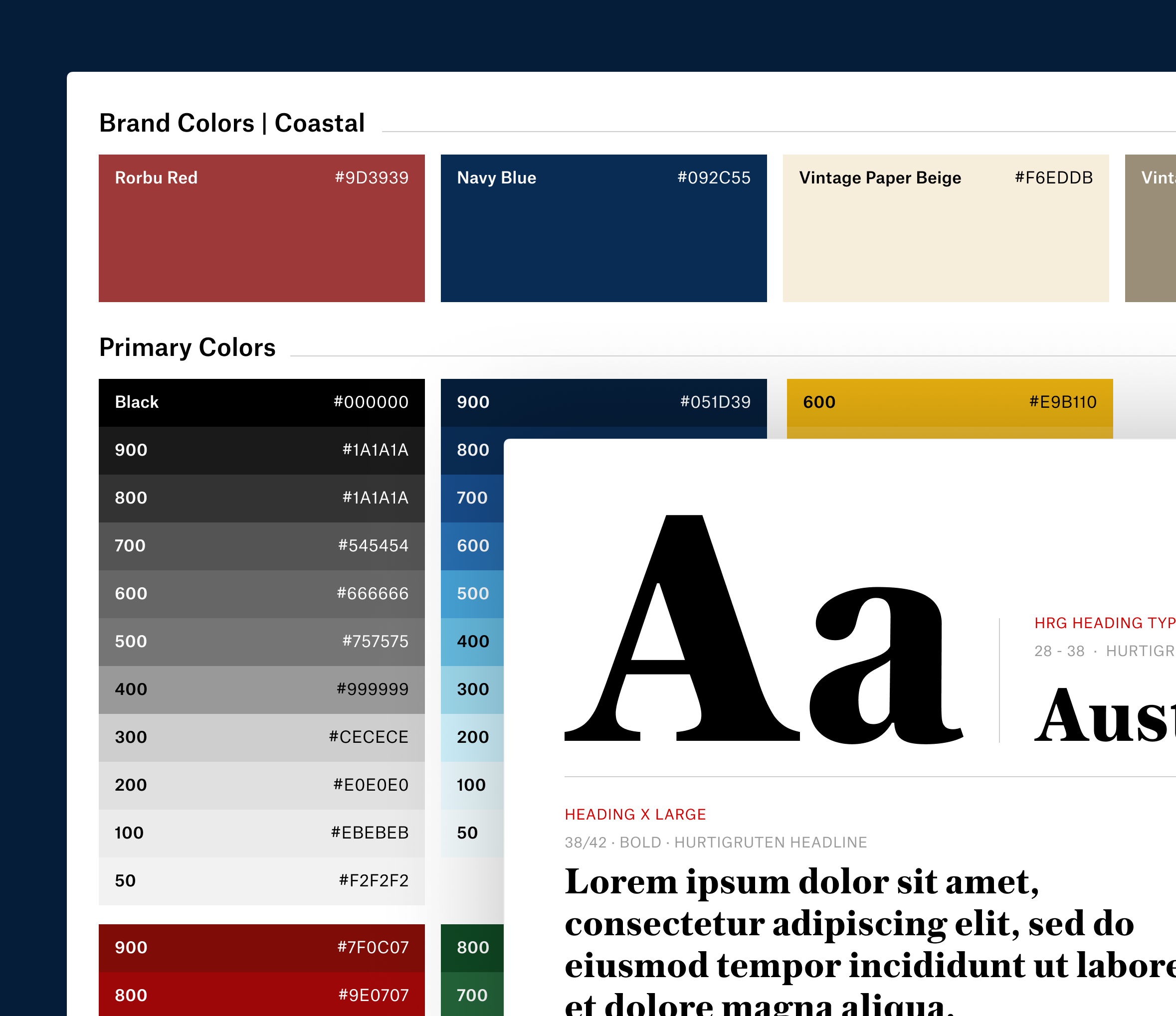 Samling av ulike utsnitt av designsystemet til Hurtigruten-appen, som farger og typografi.