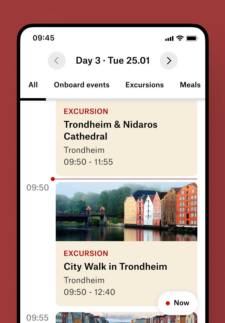 Skjermbilde av kalenderen i Hurtigruten appen.
