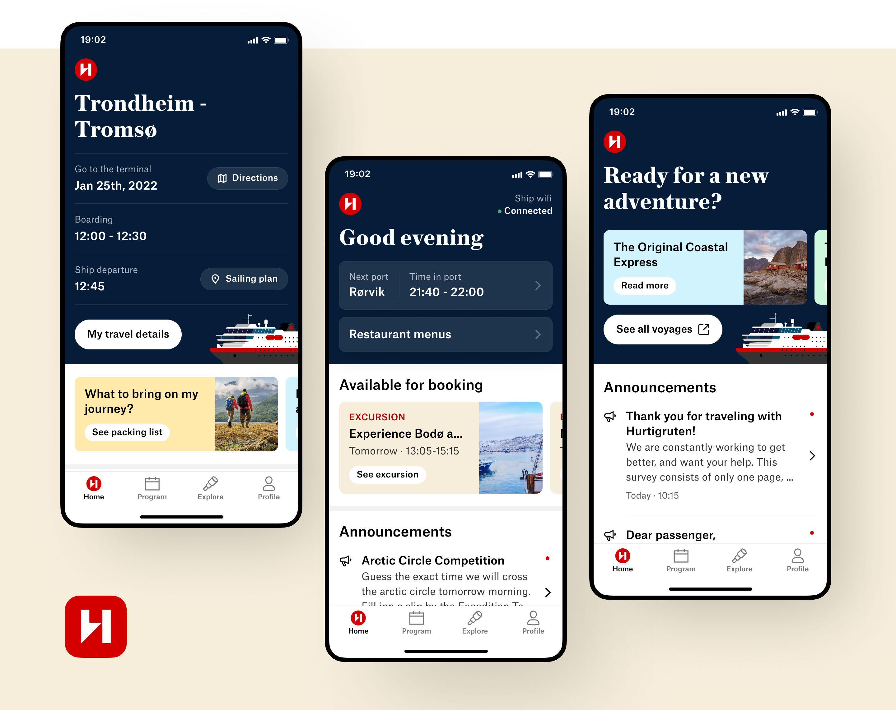 Tre forskjellige tilstander av den dynamiske forsiden i Hurtigruen-appen vist ved siden av hverandre: før, under og etter reise.