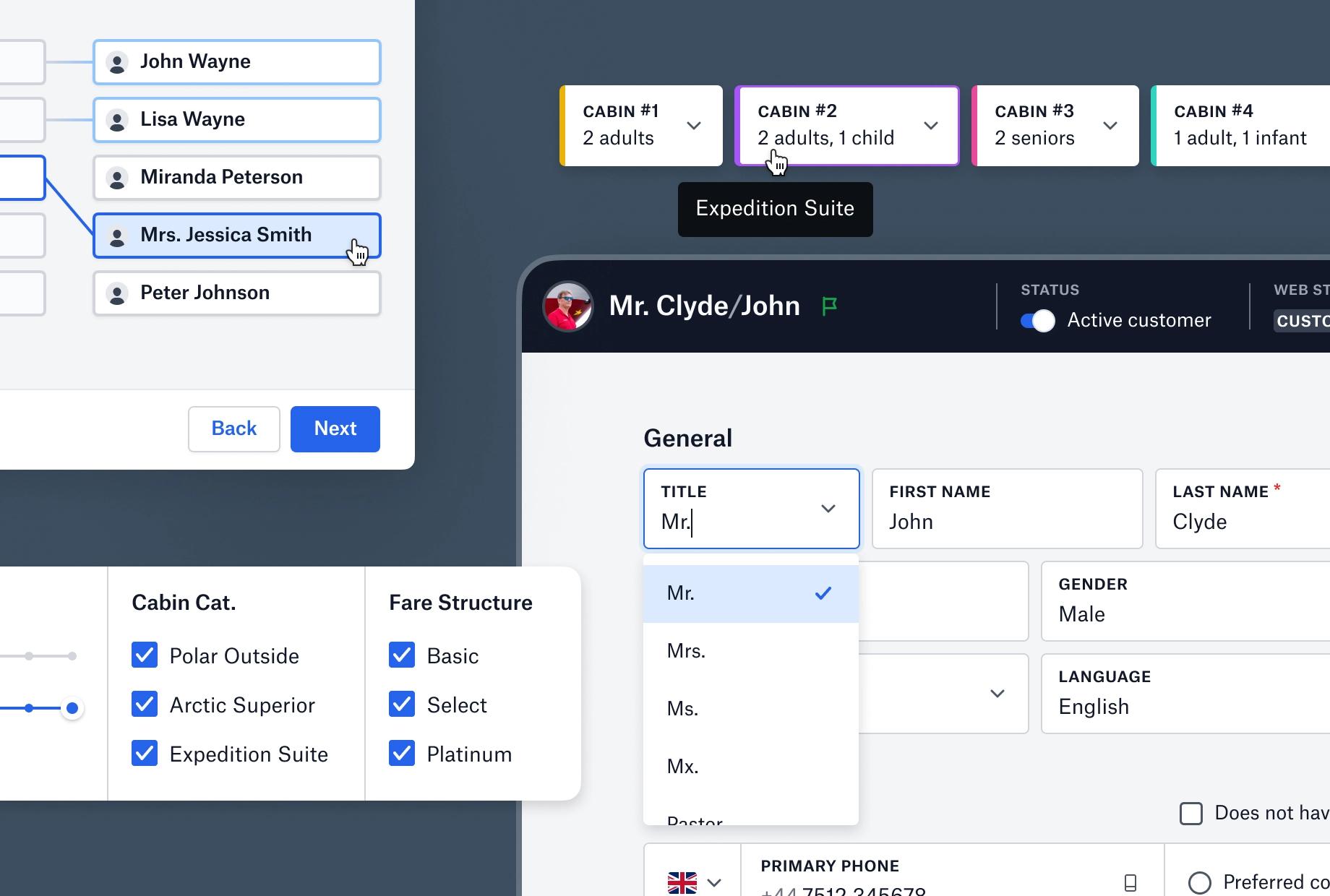 En samling av ulike grensesnitt komponenter fra Polar Global, som lugarfiltrering og profilside.