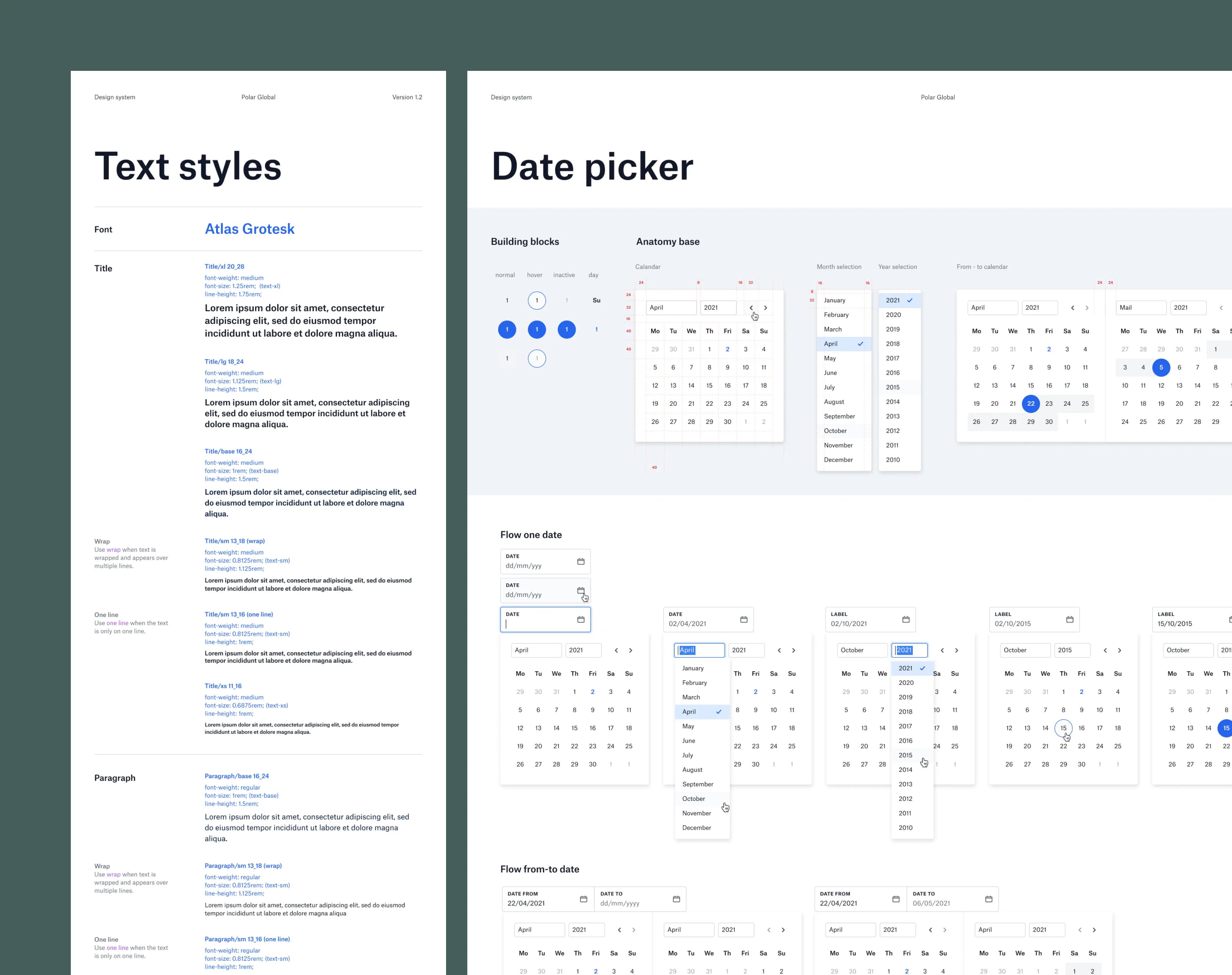 Utsnitt av tekst-stiler og dato-velger fra designsystemet.